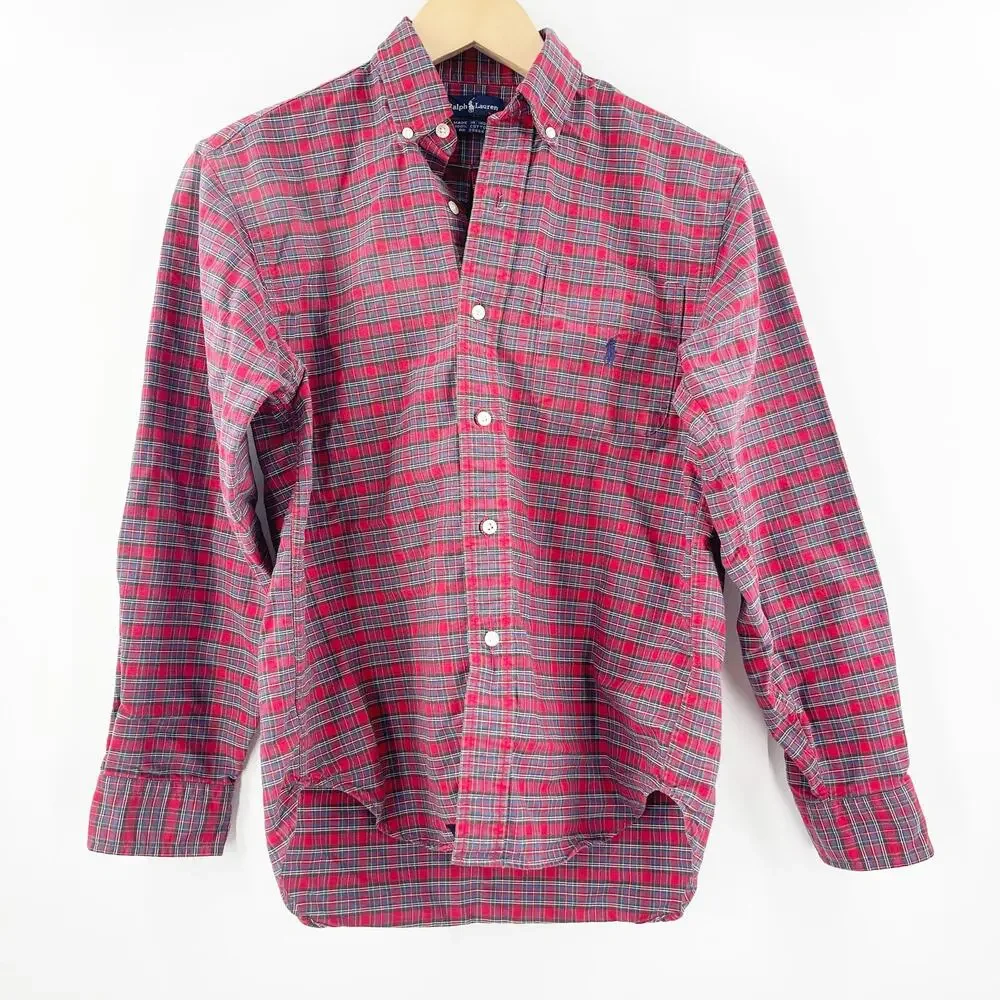 RALPH LAUREN Boys Button Down Shirt Size Medium Plaid Tartan 100% Cotton Red